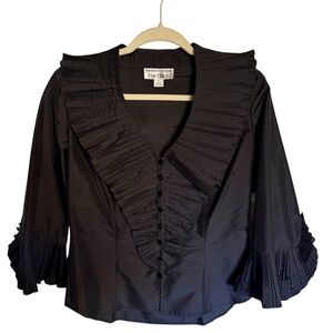 Chetta B Black Taffeta Silk Ruffled Pleated Blouse Size‎ 8